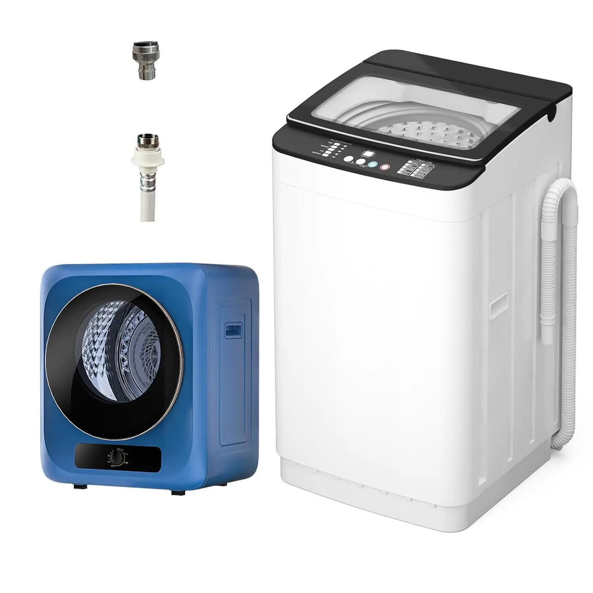 Two-unit portable washer and dryer set; white 25lb automatic washer and blue 10lb compact dryer, with hoses.
