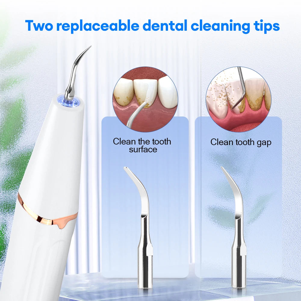 Electric ultrasonic dental scaler with two replaceable tips, white handheld unit