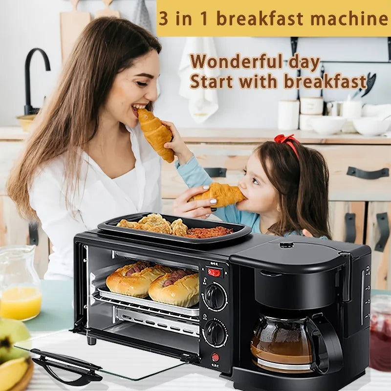 Black 3-in-1 breakfast machine with toaster oven and coffee carafe on a kitchen counter; pastries baking inside.