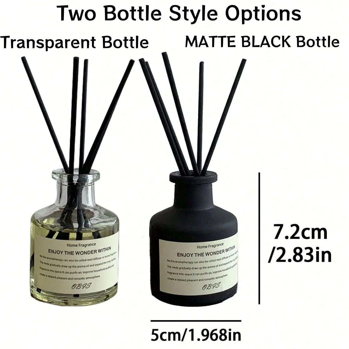 Two-bottle reed diffuser set with sticks; transparent glass bottle and matte black bottle for home fragrance