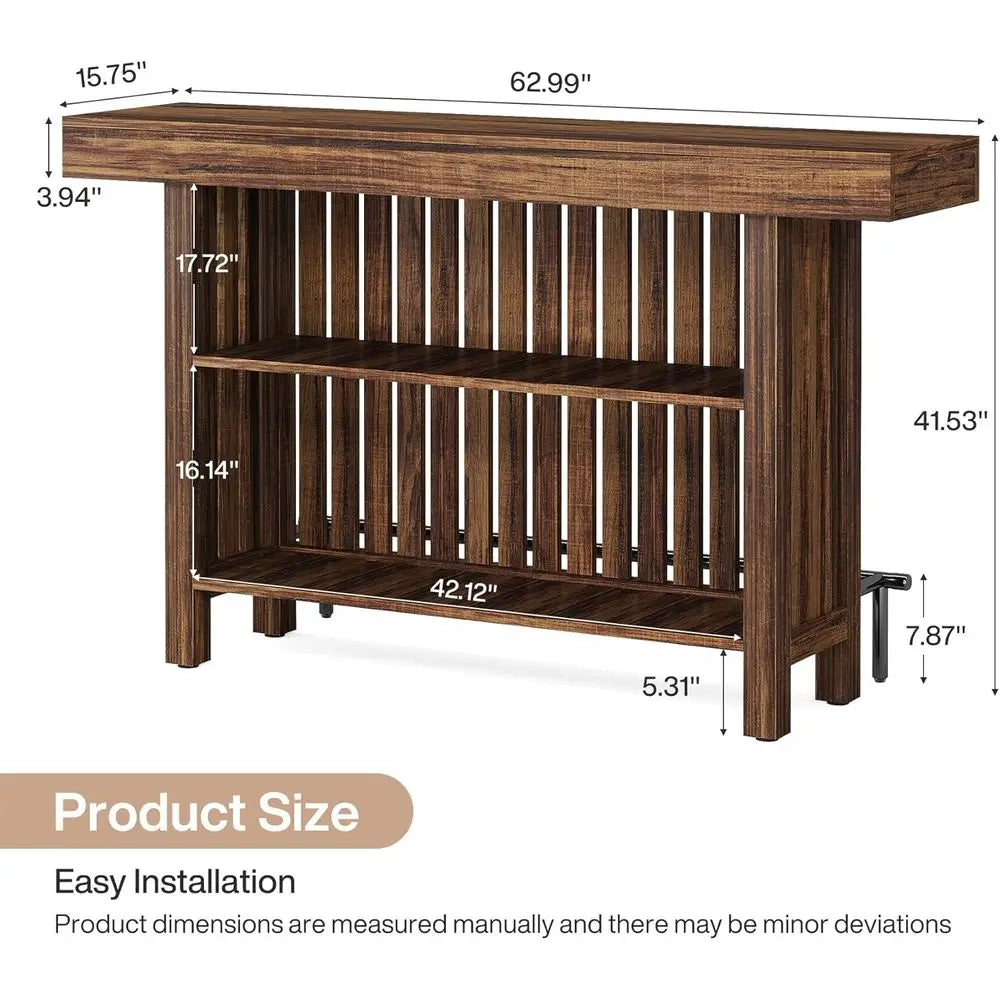 Rustic Home Bar Table With 2-Tier Storage