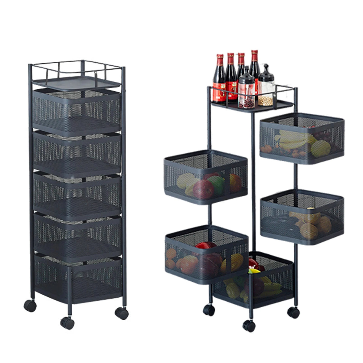 5-Tier Rotating Vegetable Storage Rack with Wheels, Metal Mesh Fruit Basket with Lid, Potato Onion Storage Organizer Cart for Kitchen,Pantry, Rolling Snack Cart for Office,Bedroom, No Assembly
