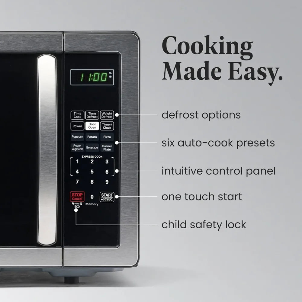 Countertop microwave oven with stainless steel frame and black control panel featuring a digital display.