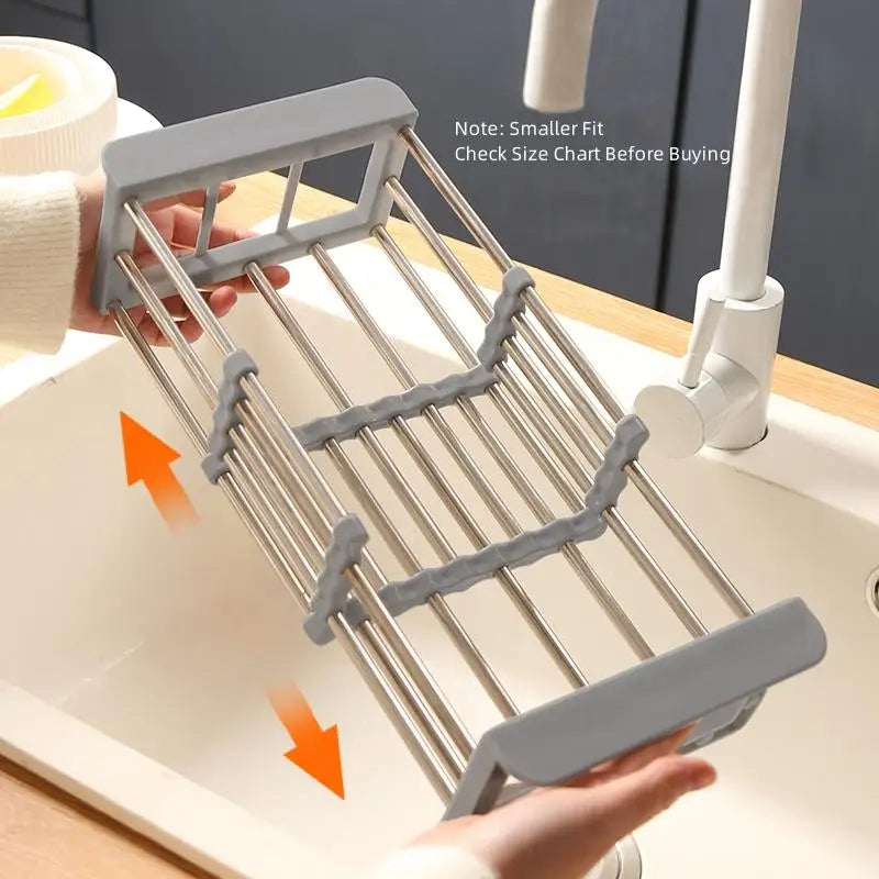 S And B Enterprise adjustable stainless steel over-sink dish drying rack with retractable arms and gray plastic ends
