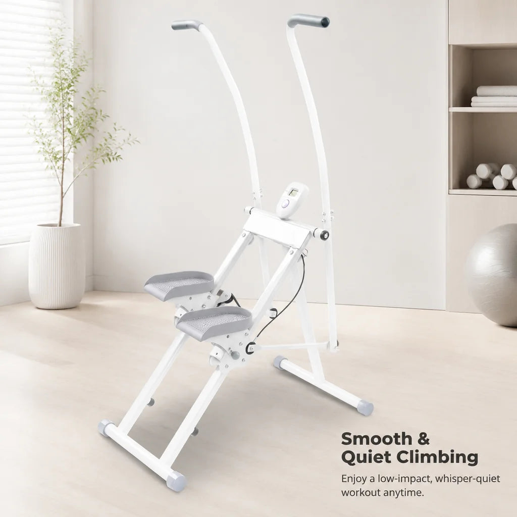Stair stepper vertical climber in white with LCD monitor and gray pedals for a compact home gym.