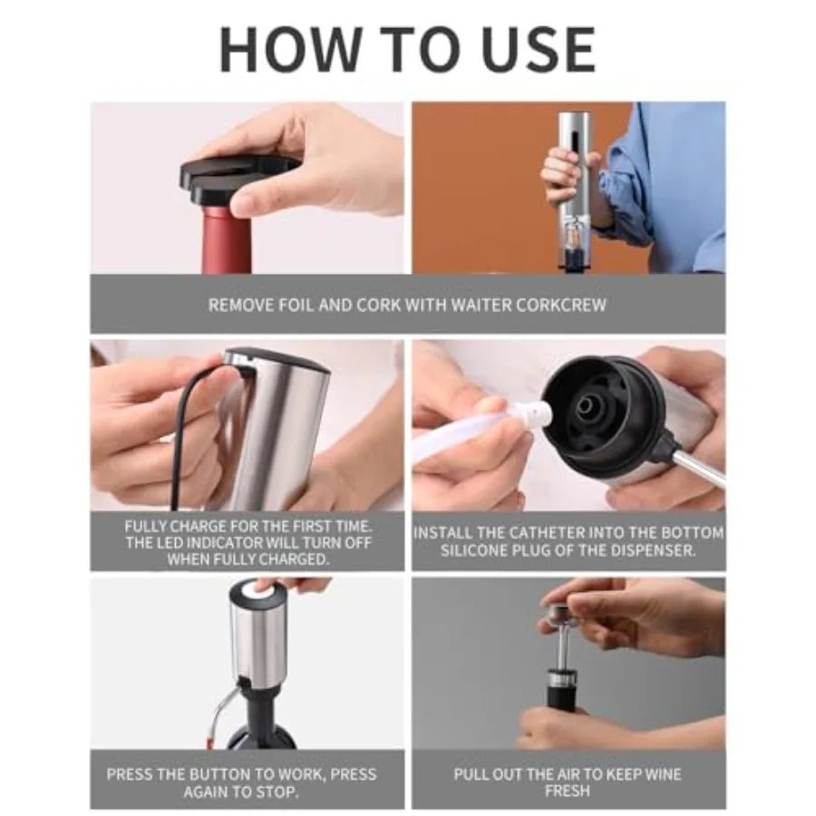 6-in-1 electric wine opener in stainless steel with foil cutter; rechargeable and manual opener by S And B Enterprise.