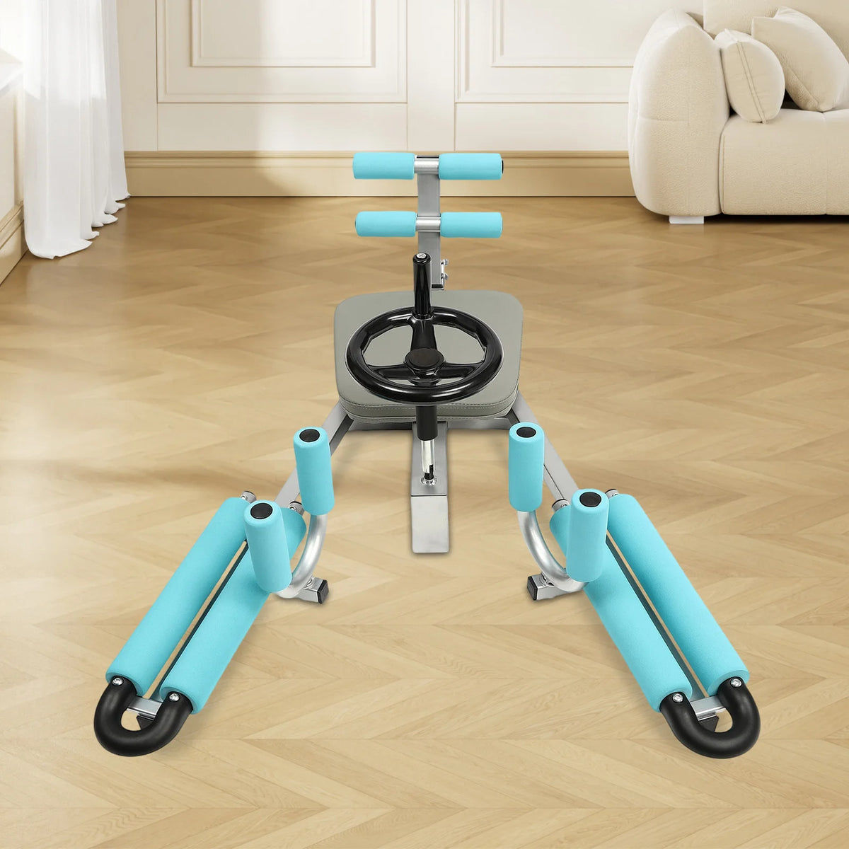 Leg stretcher machine with teal foam padding and steel frame, adjustable 0-210°, ballet/yoga fitness equipment