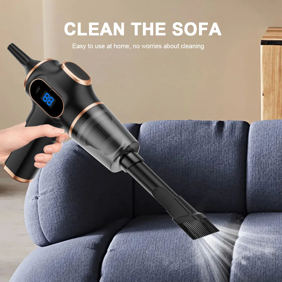 Wireless handheld car vacuum cleaner, black with rose-gold trim and digital display.