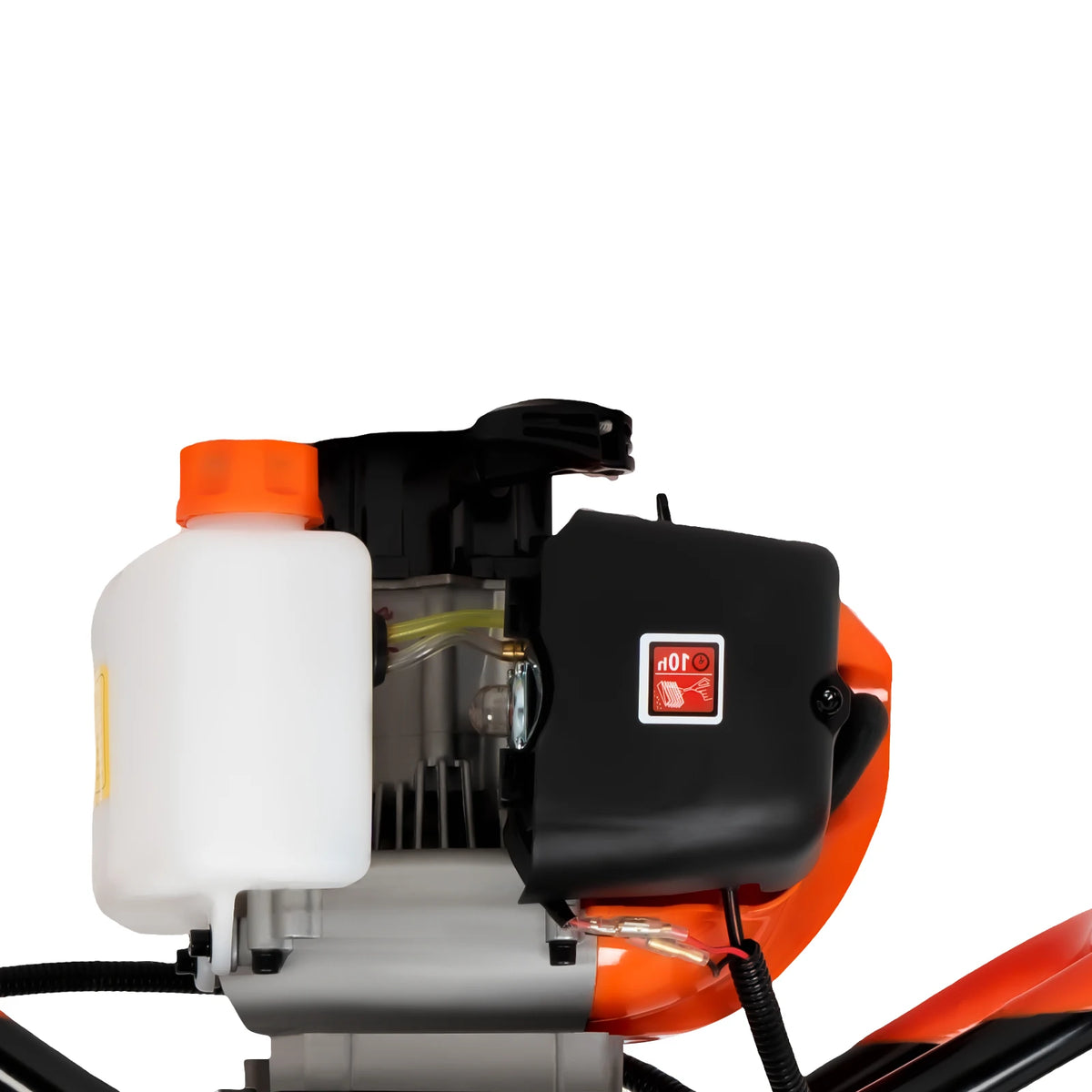 Post hole digger with petrol engine in orange/black housing; includes 4in, 6in and 8in auger bits
