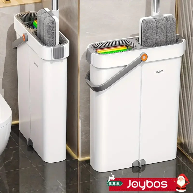 Two Joybos ultra-slim flat mop and bucket systems with 2 microfiber pads, white and grey.