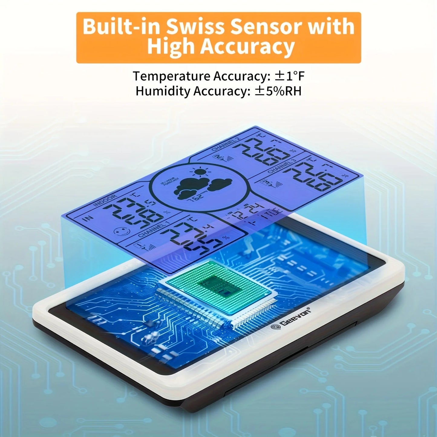 Geevon weather station with 3 indoor/outdoor sensors and a large blue LCD display (backlight) by S And B Enterprise.