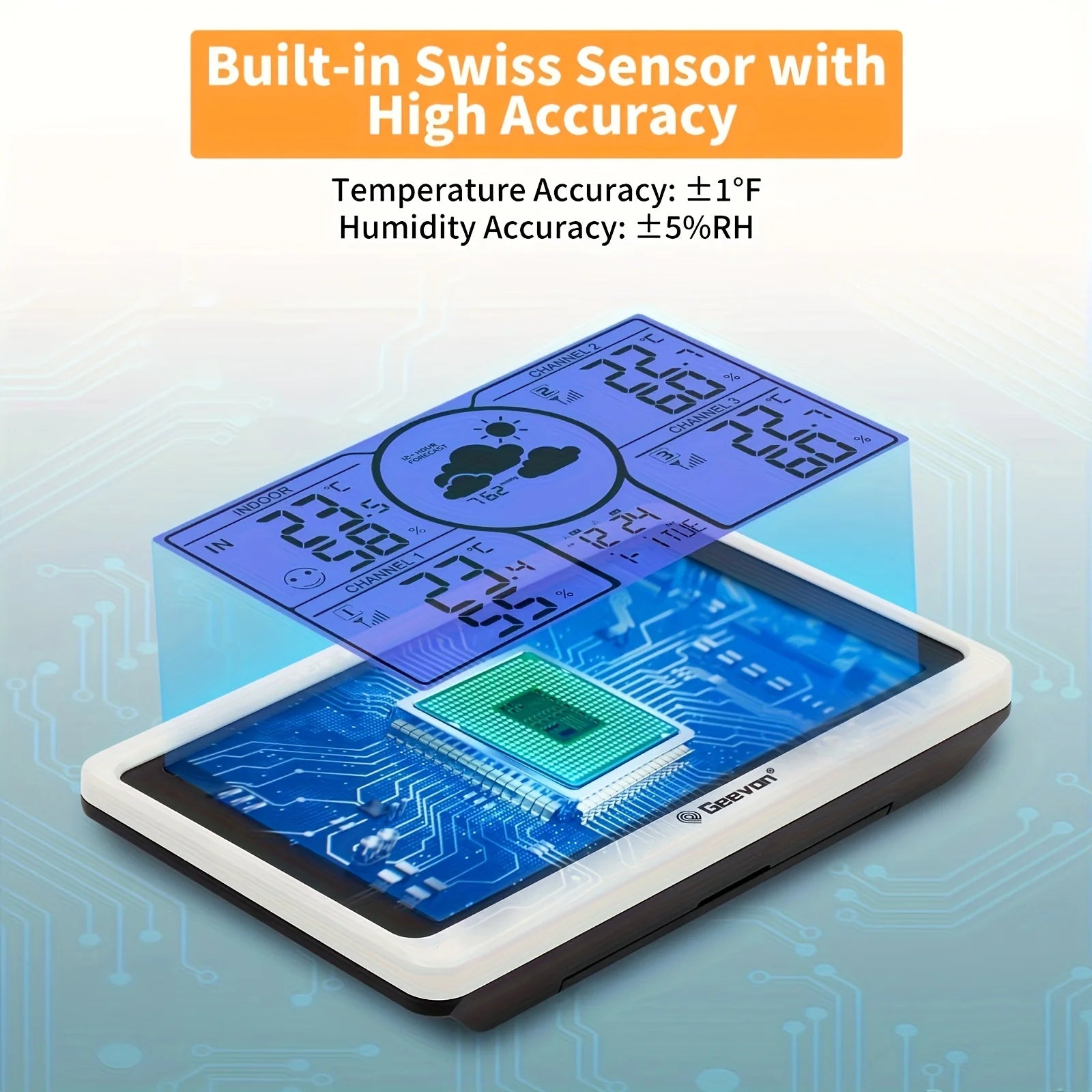 Geevon weather station with 3 indoor/outdoor sensors and a large blue LCD display (backlight) by S And B Enterprise.