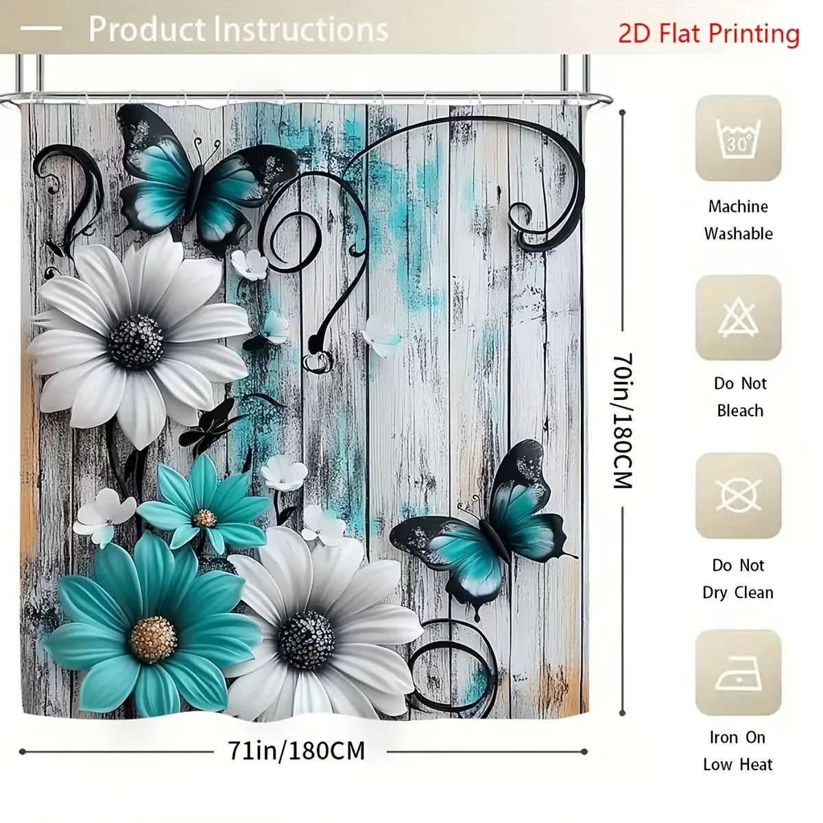 1or4 Piece Teal and White Floral Butterfly Shower Curtain Set - Modern Bathroom Decor - Washable Fabric Curtain - Rugs and Cover by S And B Enterprise