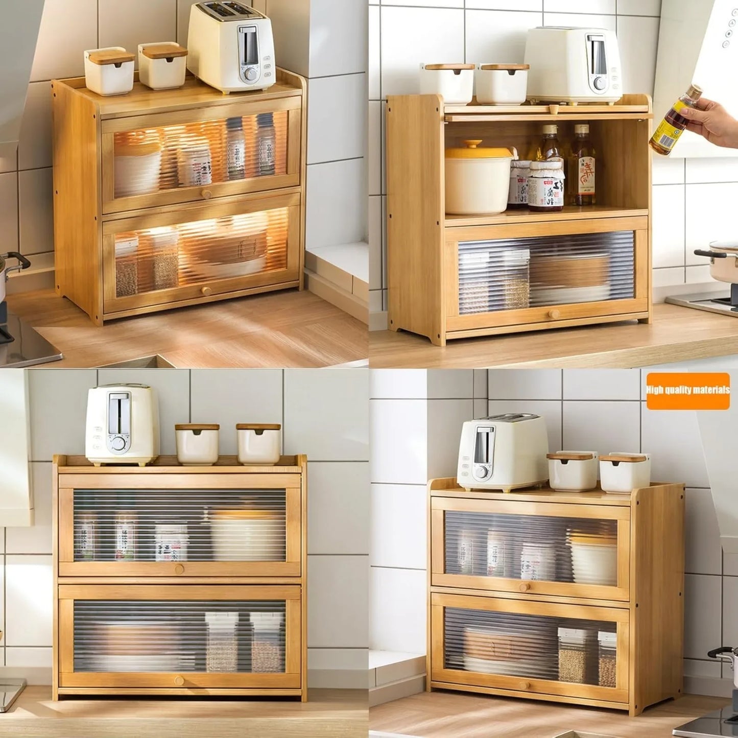 2-Tier Bamboo Kitchen Storage Cabinet With Clear Acrylic Sliding Doors