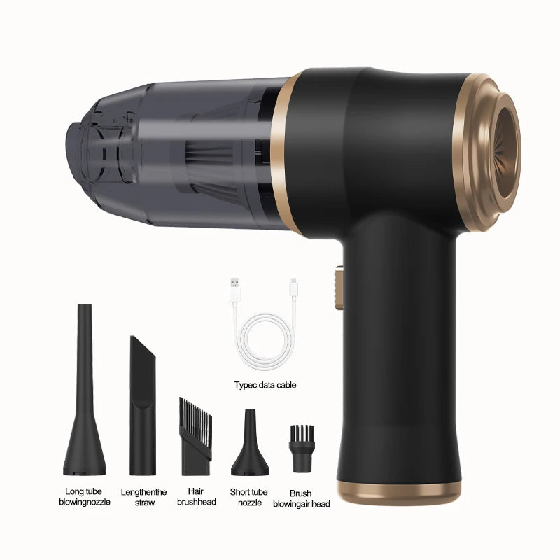 Wireless car vacuum cleaner by S And B Enterprise; handheld cordless with gold trim and five nozzle heads plus data cable