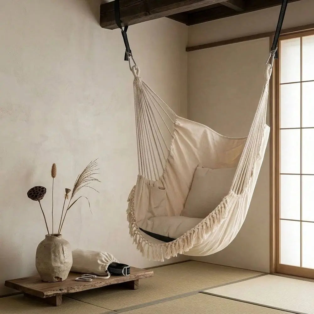Boho Macrame Hanging Hammock Chair With Cushioned Seat by S And B Enterprise