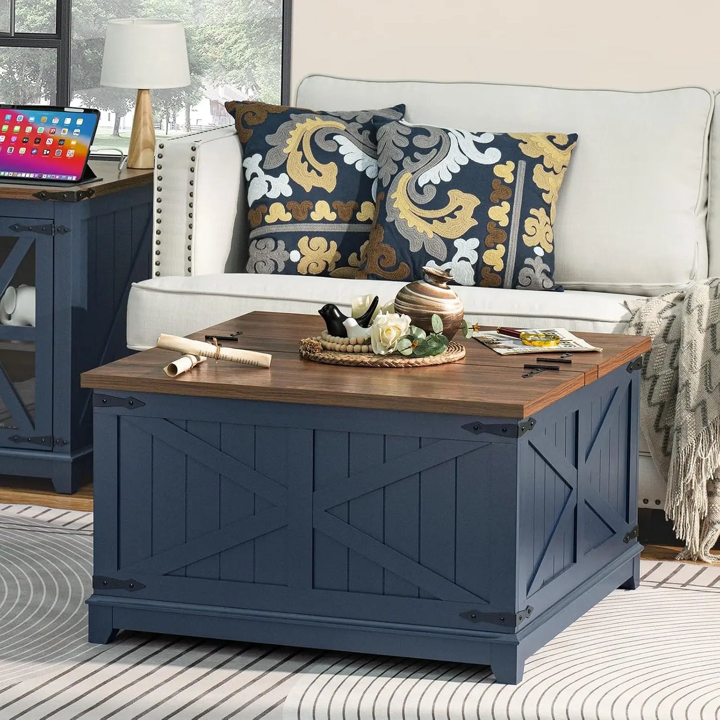 Farmhouse Coffee Table Set of 3 with Glass Barn Door Storage & Hidden Organizer for Living Room & Office, Blue, Custom by S And B Enterprise