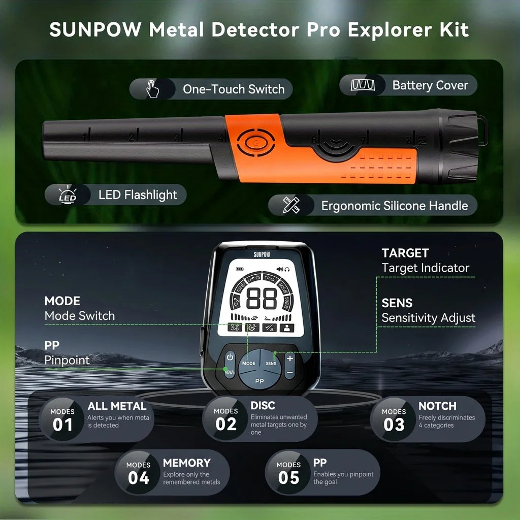 SUNPOW Metal Detector Pro Explorer Kit with Pinpointer; orange/black handheld unit, LCD display, IP68 10-inch coil