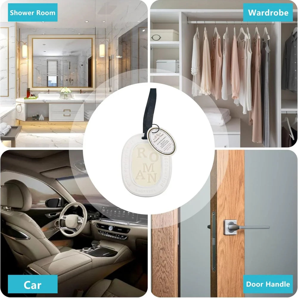 Aromatherapy hanging tablet by S And B Enterprise; white tag with black strap for wardrobes, drawers and car.