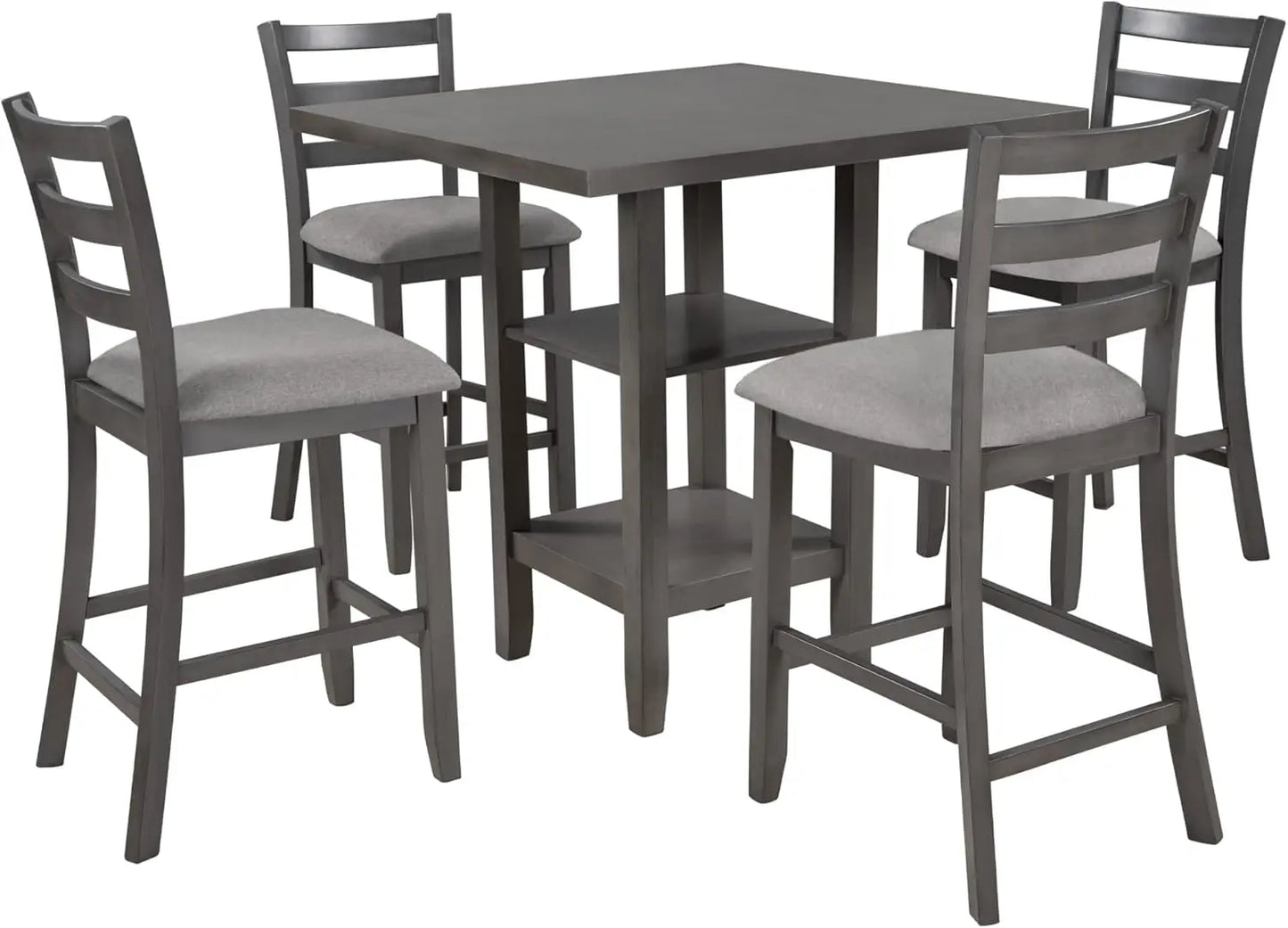 5 Piece Kitchen Dining Table Set with Padded Chairs for 4 Solid Wood Dining Room Table Set with Shelves for Storage, Gray