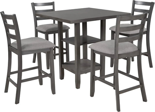 5 Piece Kitchen Dining Table Set with Padded Chairs for 4 Solid Wood Dining Room Table Set with Shelves for Storage, Gray