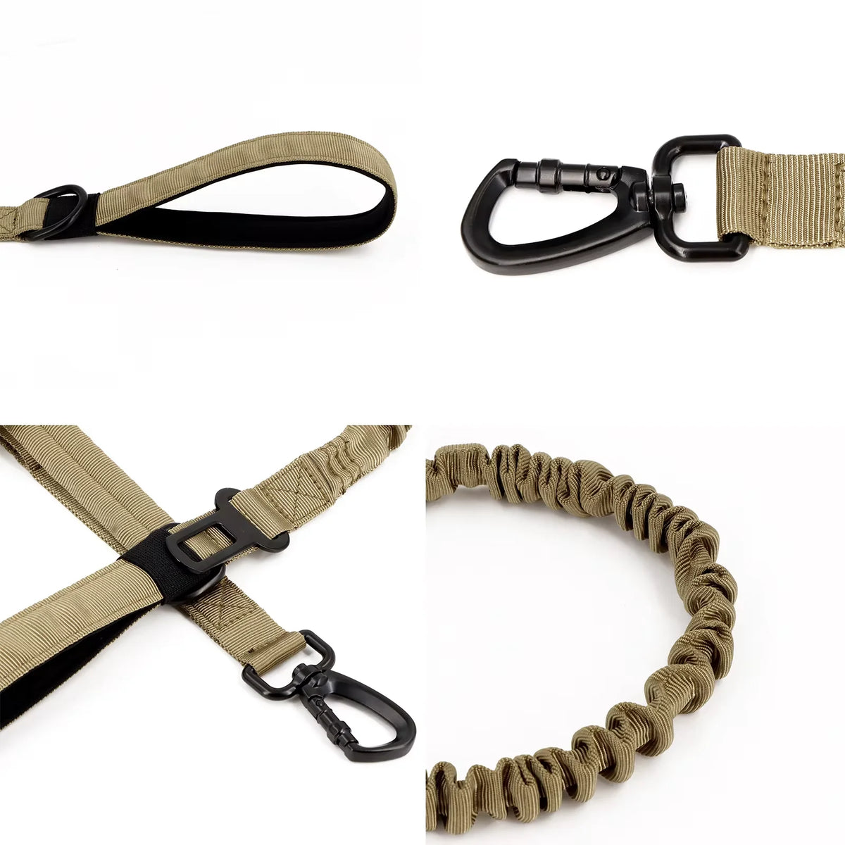 Military dog leash by S And B Enterprise; adjustable tan nylon with 2 handles, elastic bungee, quick-release carabiner