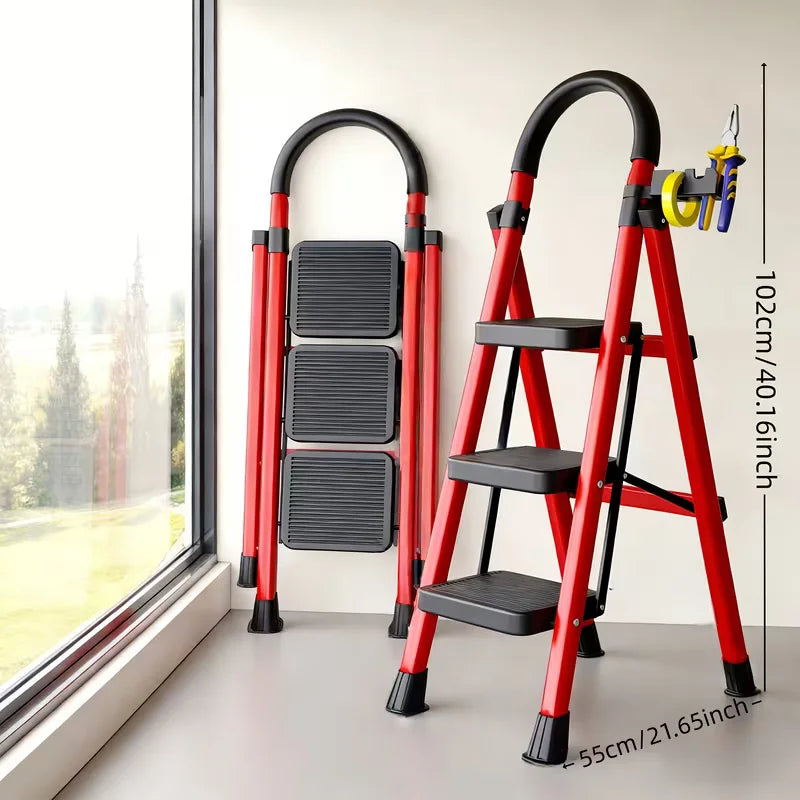 3 Step Folding Ladder Step Stool with Handrail and Tool Holde Portable Steel Frame Safety Ladder with Wide Anti Slip Steps Reinforced A Frame Structure Non Slip Rubber Feet Stable Climbing Ladder for Home Kitchen Office Garag by S And B Enterprise