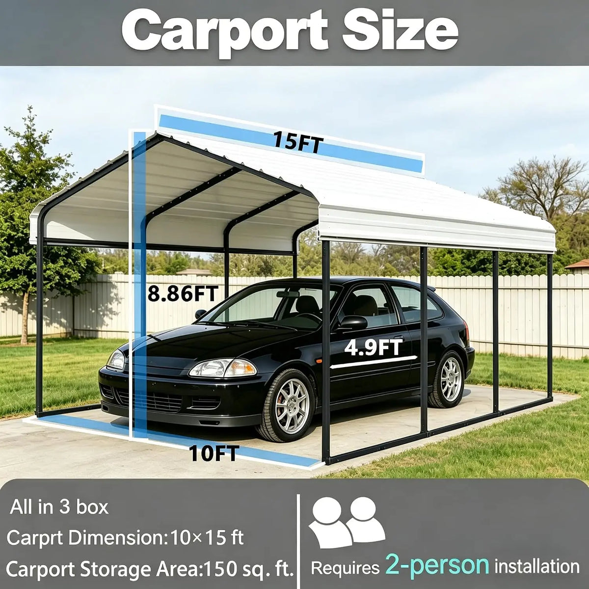 White metal carport, 10x15 ft, heavy-duty; black frame with a car parked underneath.