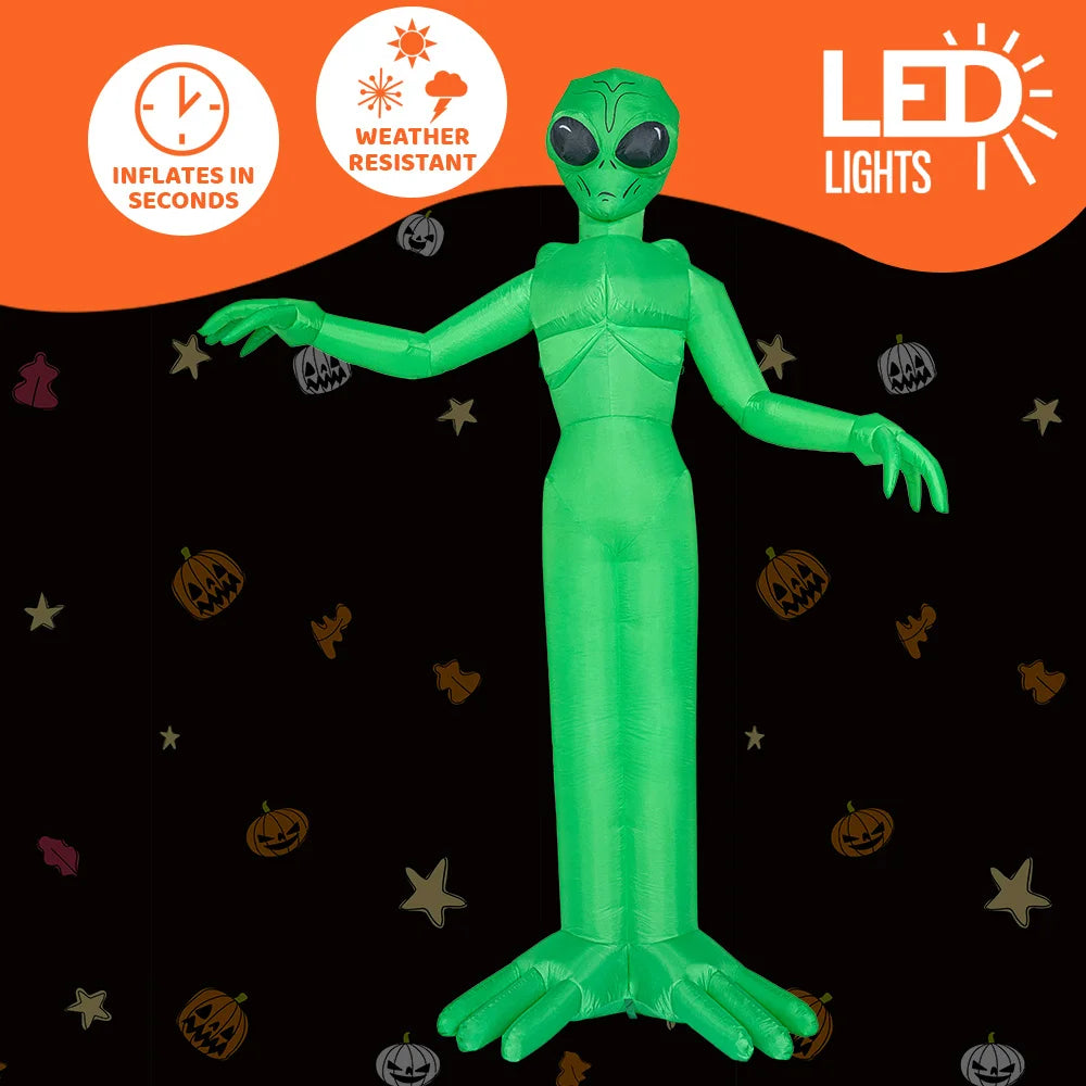 9 ft tall green alien Halloween inflatable with built-in LEDs for outdoor yard decor by S And B Enterprise