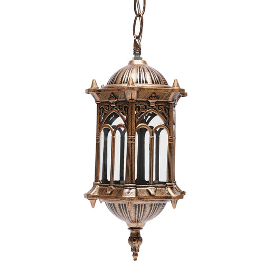 Vintage industrial metal pendant light in antique bronze finish with glass panels for outdoor garden or balcony decor