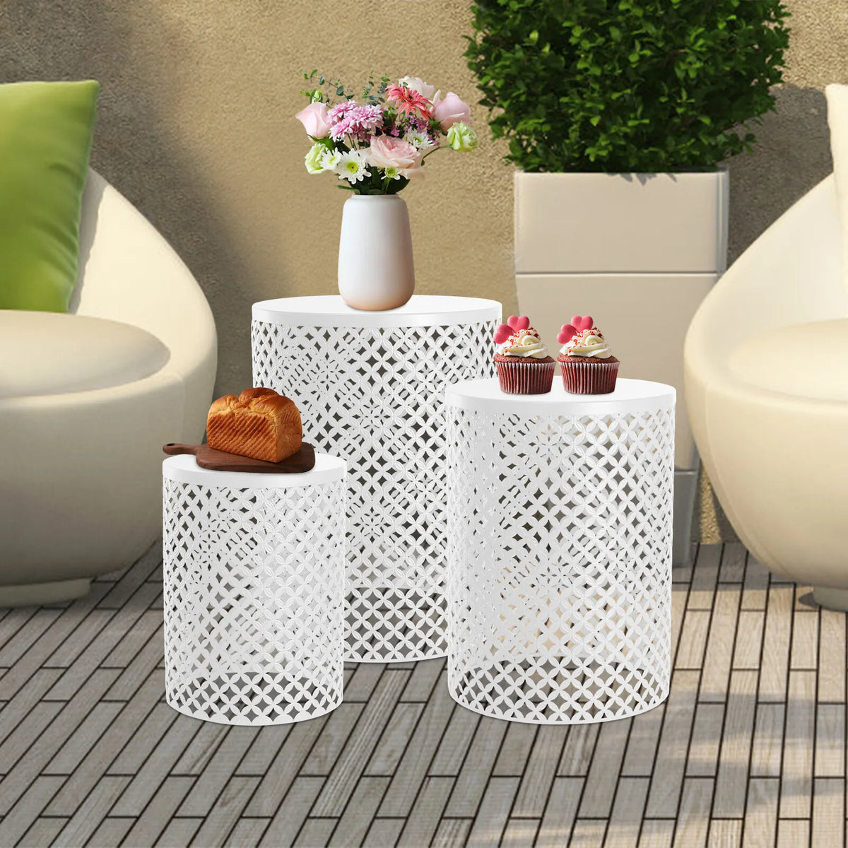 3-piece white metal end table set with lattice pattern; outdoor iron tables by S And B Enterprise.