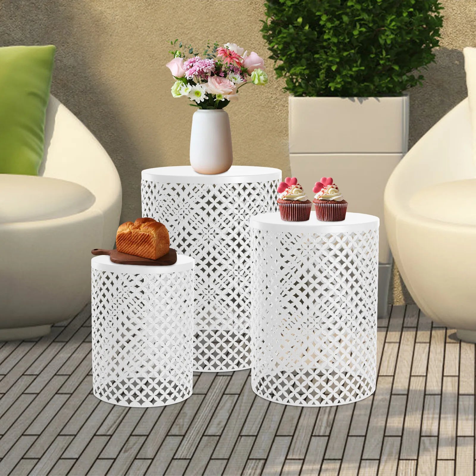 3-piece white metal end table set with lattice pattern; outdoor iron tables by S And B Enterprise.