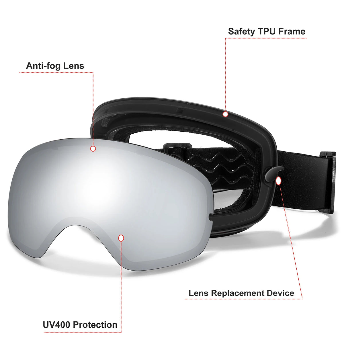 Winter ski goggles with silver mirrored lenses, anti-fog UV400 protection, TPU frame and adjustable strap