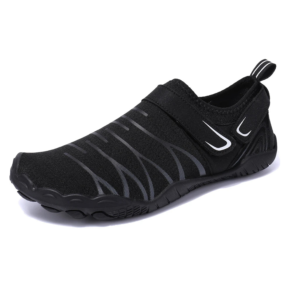 Men's black water shoes with Velcro strap, quick-dry, lightweight aqua sneakers for beach and water sports