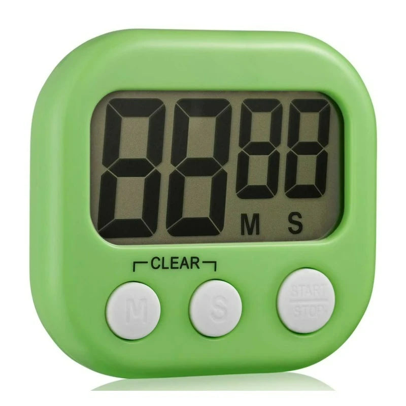The Kitchen and Event Timer, green plastic digital timer with a large display and white M, S, Start/Stop controls.
