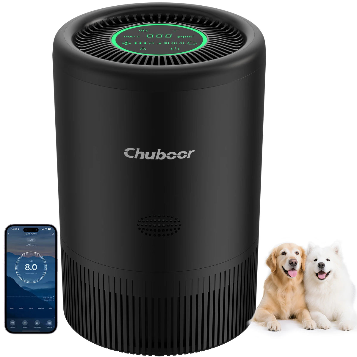 Chuboor air purifier, black cylindrical unit with green LED control ring; smartphone app display and two dogs beside it.