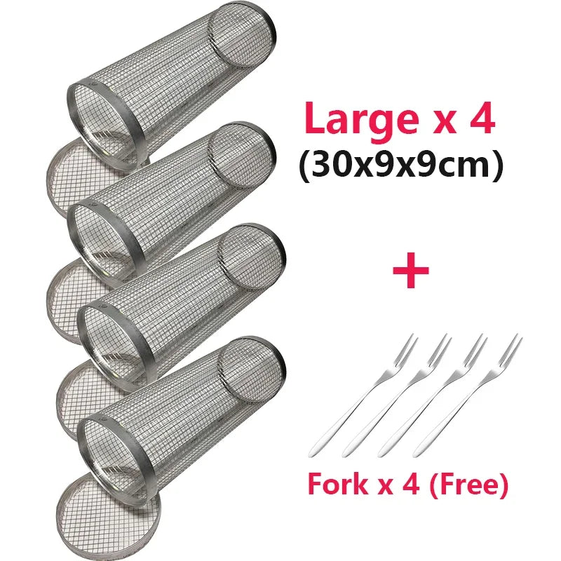 Four stainless steel cylindrical BBQ grill baskets with mesh for outdoor grilling; includes four free forks