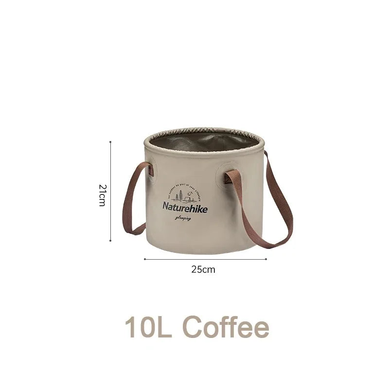 Naturehike portable foldable waterproof bucket in beige with brown carry handles, 10L capacity.