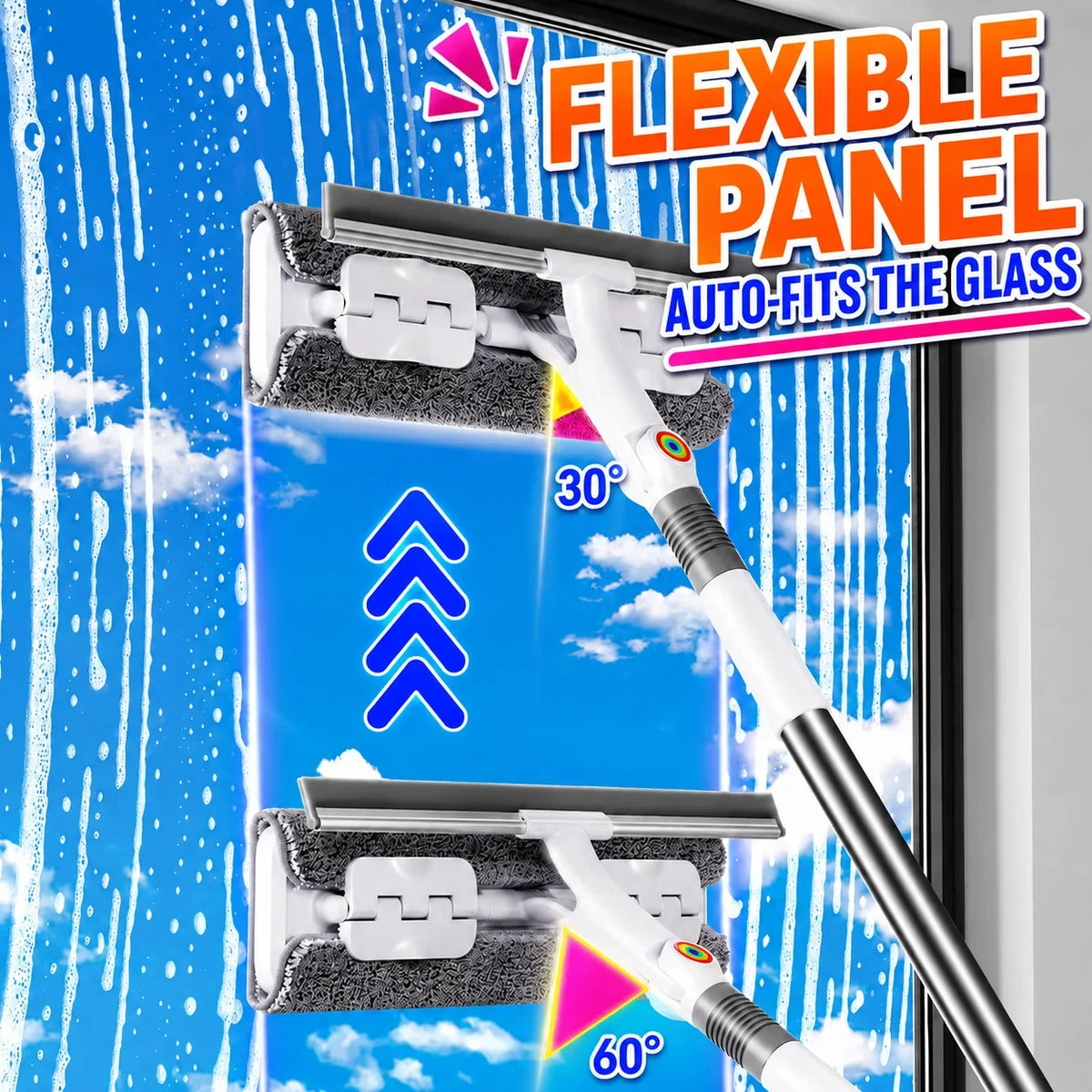 Joybos 2-in-1 window squeegee with 53-inch extendable pole, rotating head, and clip-on microfiber pad