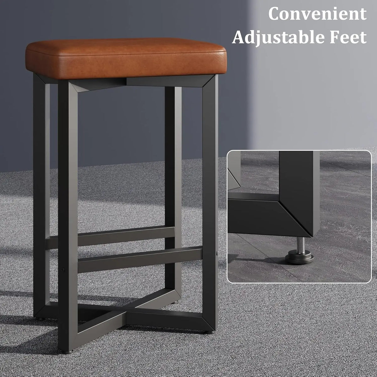Backless bar stools set of 4 with brown PU leather seats and metal X-frame footrests