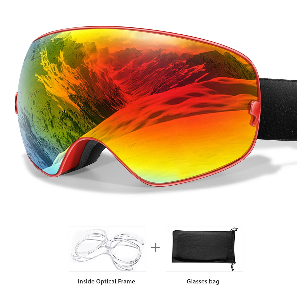 Winter ski goggles with rainbow mirror lens and red frame, UV400 anti-fog; includes optical frame and glasses bag.