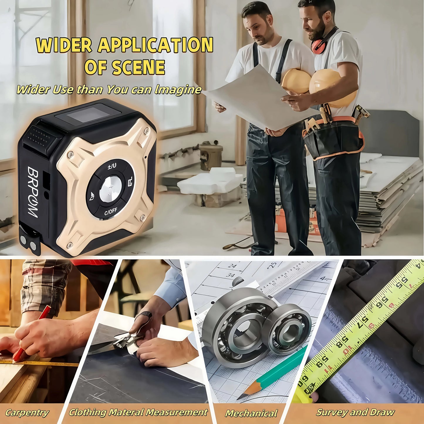 50m laser distance meter with digital display and beige body beside a yellow steel tape measure in a construction scene