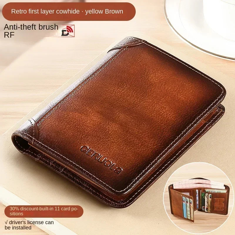 HEONYIRRY Genuine Leather RFID Blocking Trifold Wallet For Men