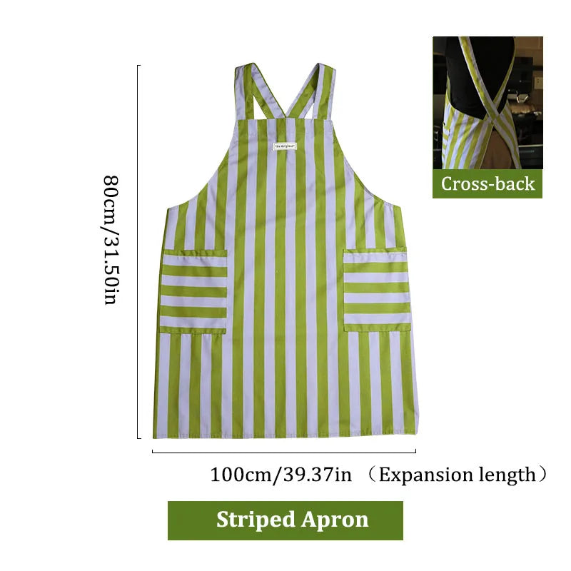 S And B Enterprise striped cross-back kitchen apron, waterproof polyester-cotton in green and white with front pockets
