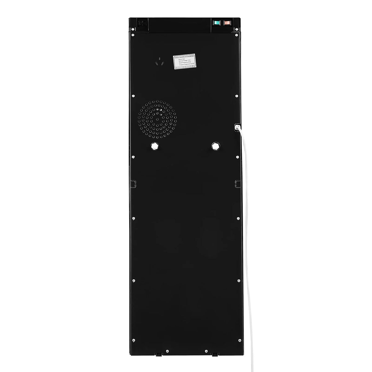Bottom-loading water dispenser, black freestanding cooler; back view with power cord.
