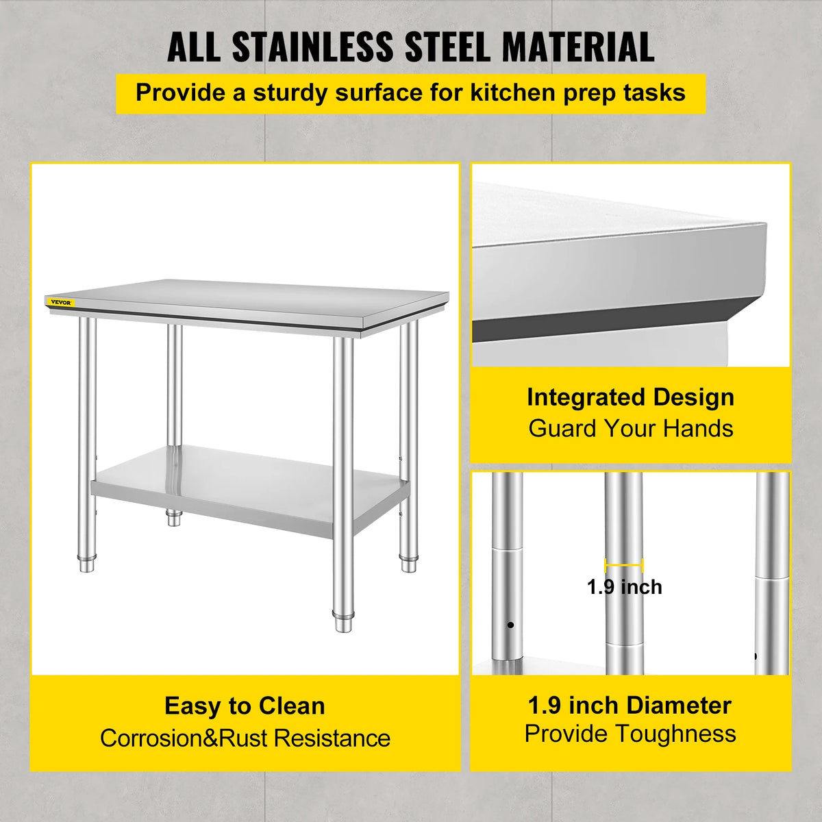 Stainless steel kitchen work bench with undershelf, VEVOR brand, 330/286 lb capacity
