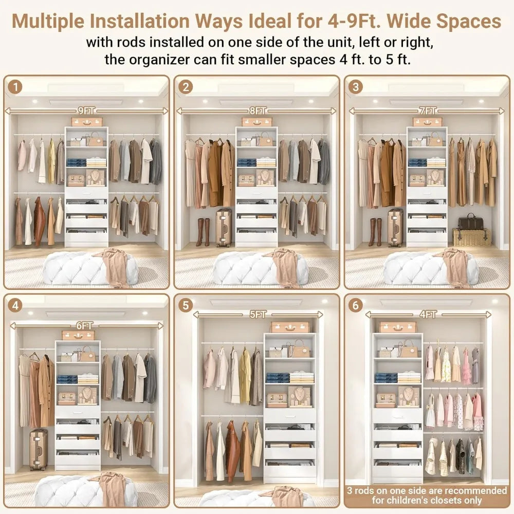 Wooden Closet Organizer System With Drawers And Tower