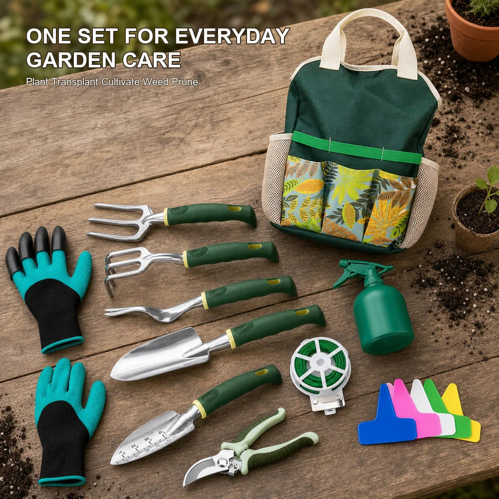 16-piece garden tool set by S And B Enterprise with aluminum alloy hand tools and floral tote bag.