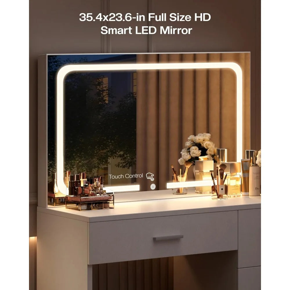 Makeup Vanity Desk with Charging Station & LED Mirror – 35.4" Vanity Set with 4 Drawers, 3 Lighting Modes – Modern, Customized