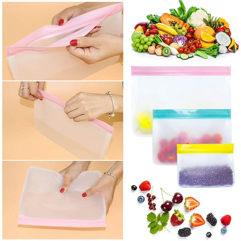 Three S And B Enterprise reusable PEVA ziplock stand-up bags with pink, blue, yellow seals for freezer storage